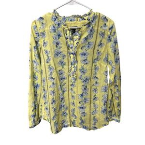 Talbots Floral Blouse XS Yellow Blue Striped Ruffle Long Sleeve Top BNWT $79.50